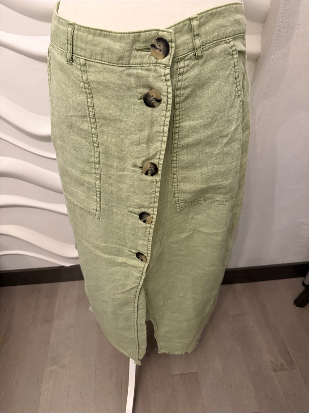 Zara Light Sage Green Button-Down Linen Midi Skirt